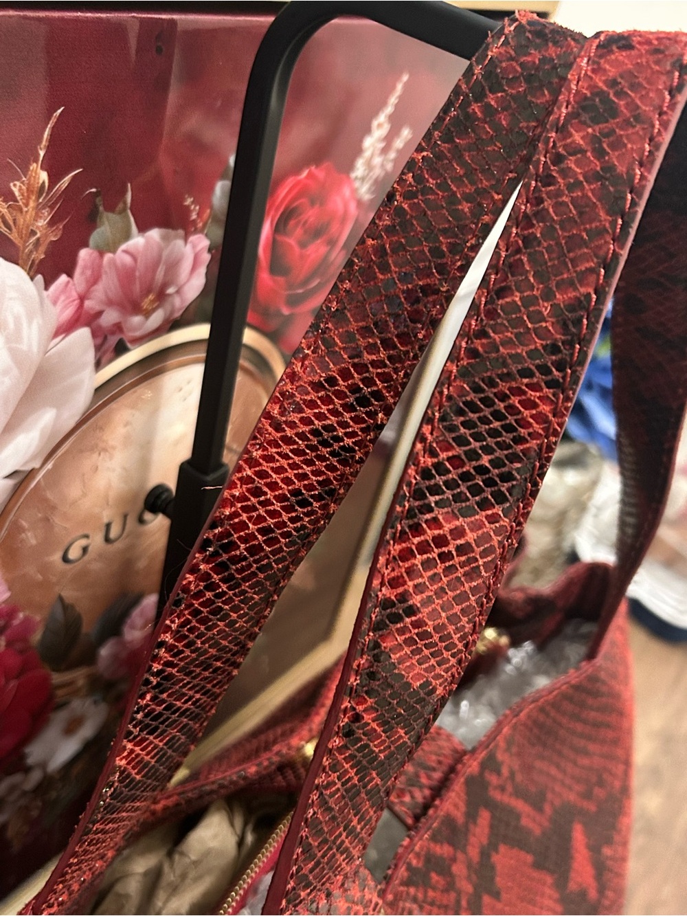 Michael Kors Red and Black Embossed Snake-Print Shoulder Tote with MK Dust Bag - Picture 7 of 15